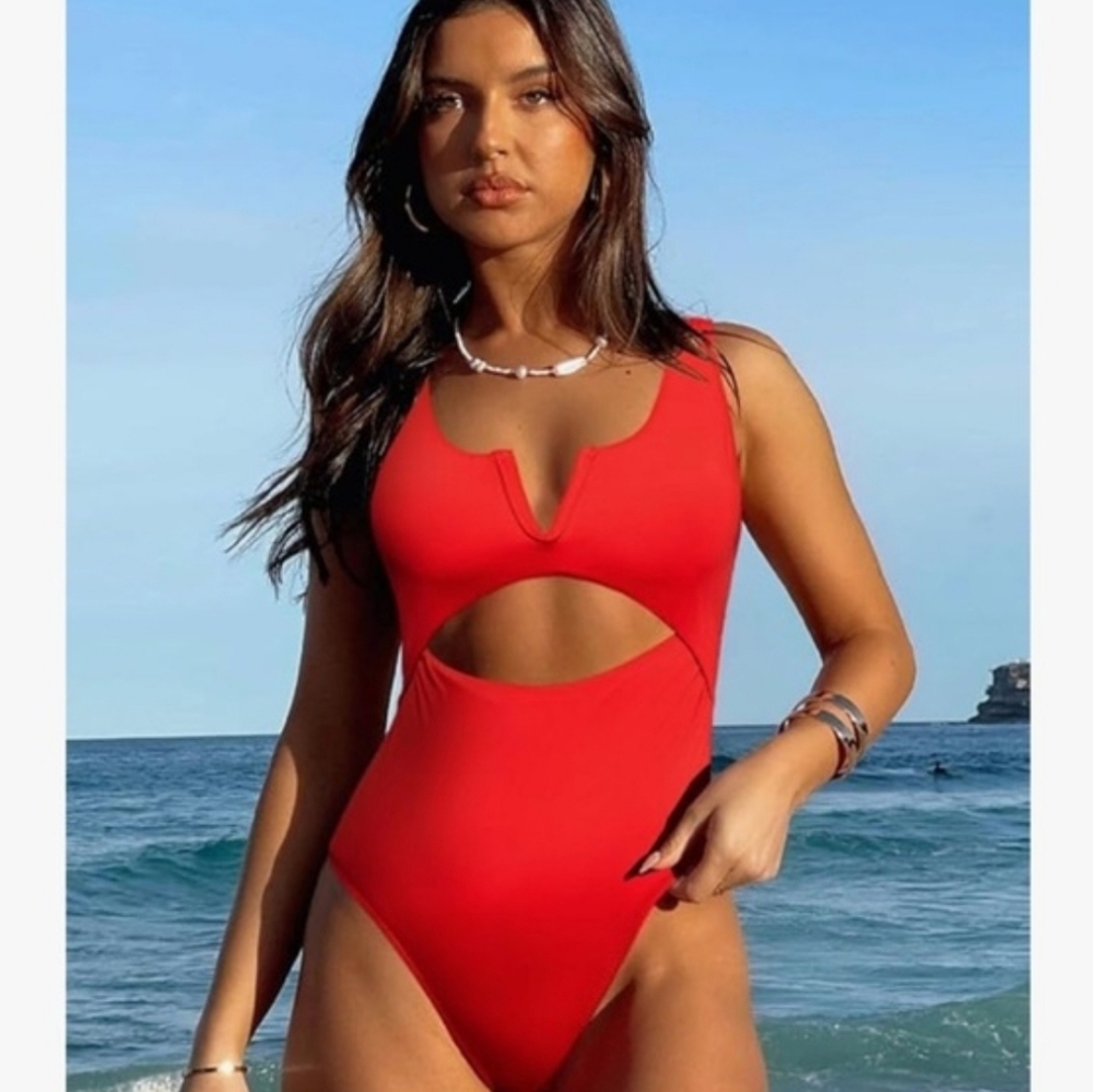 Meyeeka Red Sexy Hard Wire With cut out tummy control One-Piece Swimsuit - L